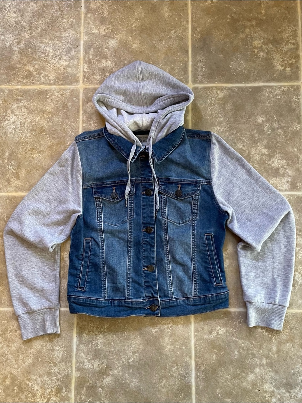 Wax Jean Blue Denim Jacket with Gray Hoodie Sleeves
